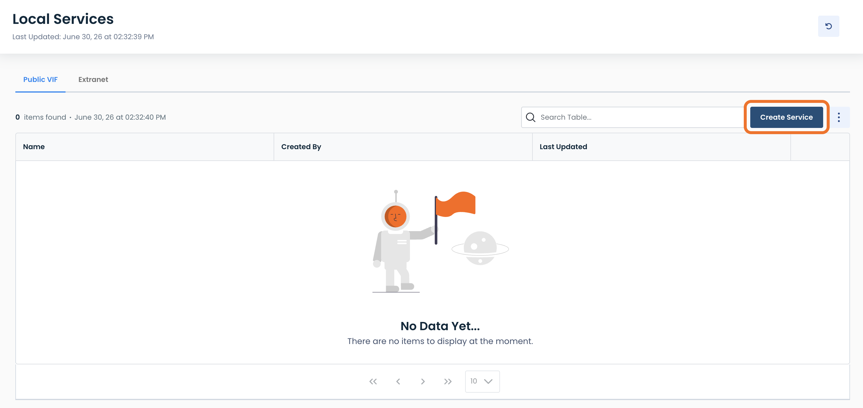Interface displaying no data with a prompt to create a new service entry.